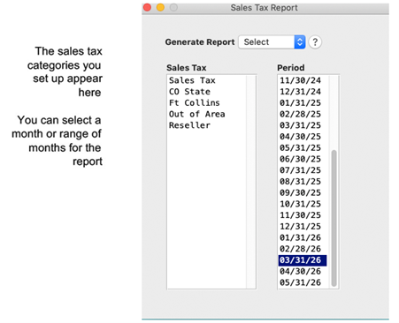 Sales Tax Reports screen