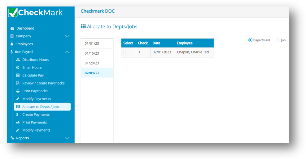 Allocate to Depts and Jobs Window in CheckMark Online Payroll