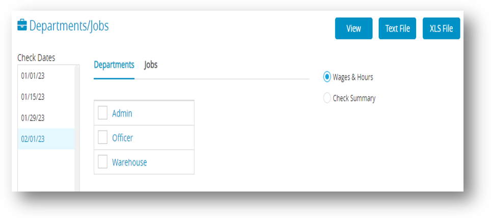 Department and jobs payroll reports window in CheckMark Online Payroll