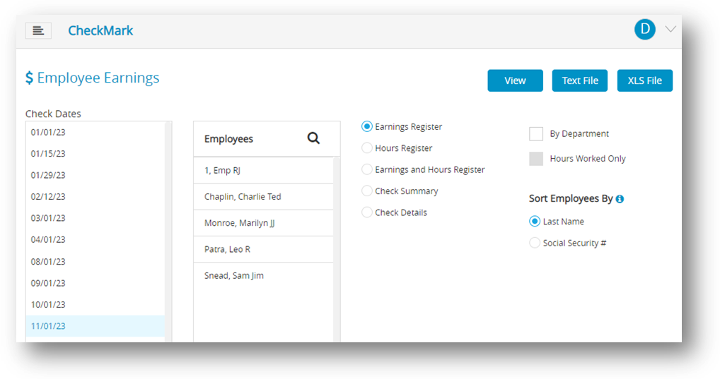 Employee Earnings report window in CheckMark Online Payroll