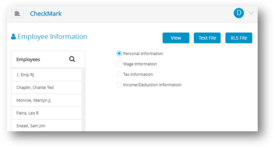 Employee Information Reports window in CheckMark Online Payroll