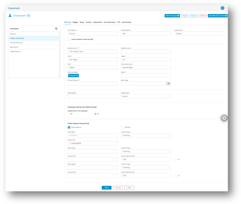 Employee Personal View in CheckMark Online Payroll