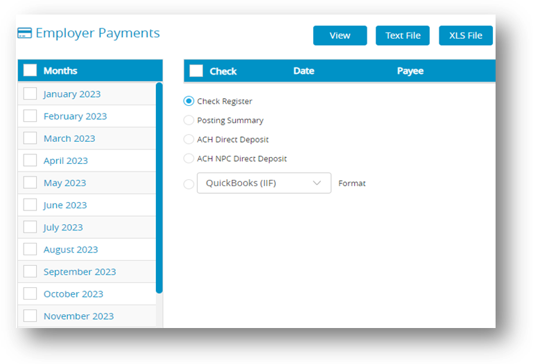Employer Payments Report window in CheckMark Online Payroll