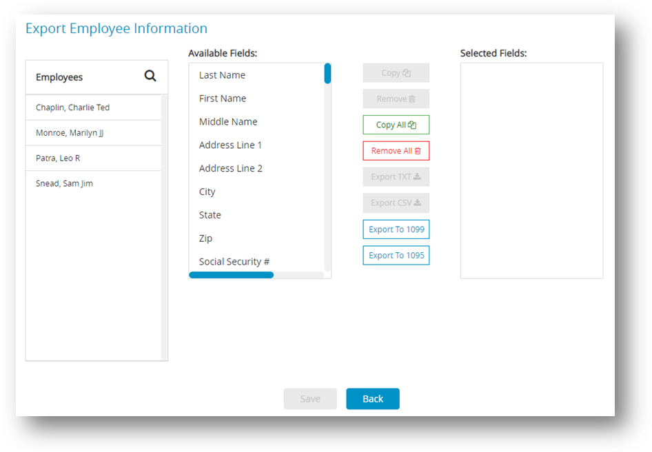 Export Employee Information Window in CheckMark Online Payroll