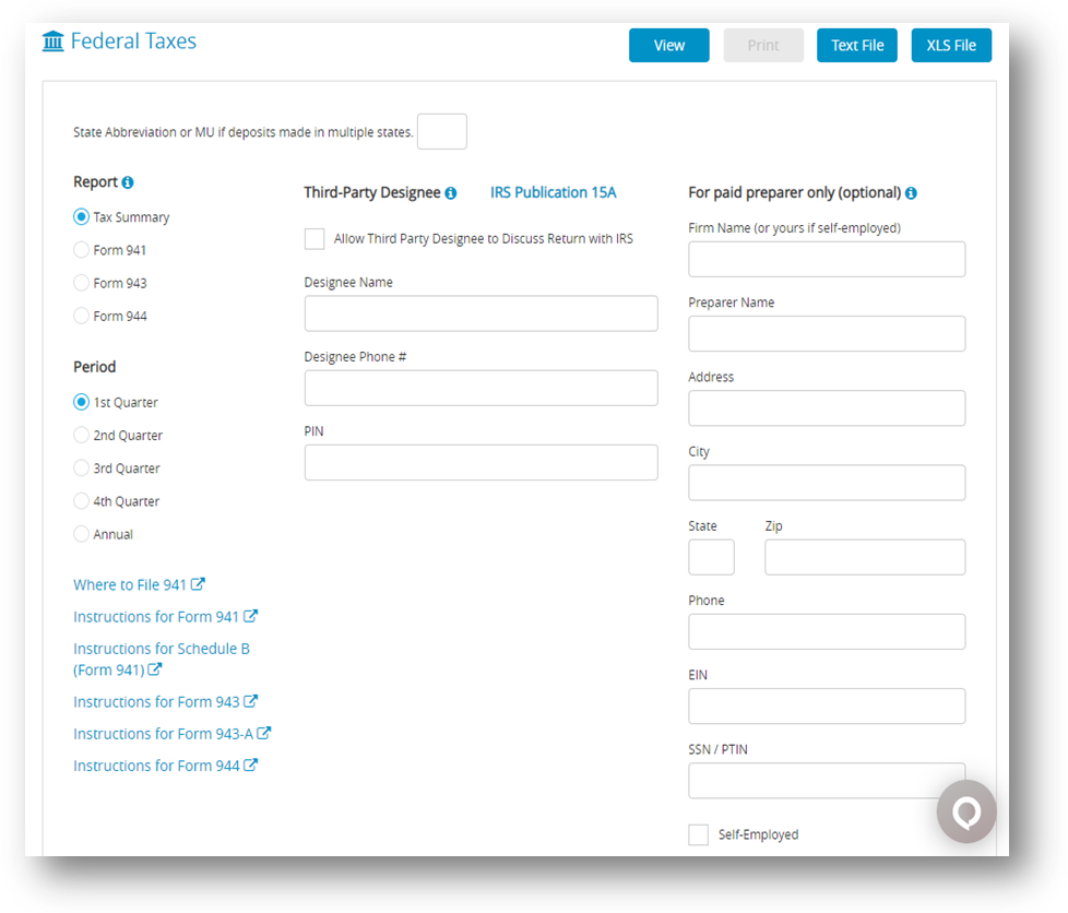 Federal Taxes report window in CheckMark Online Payroll