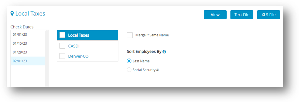 Local Tax Reports window in CheckMark Online Payroll 