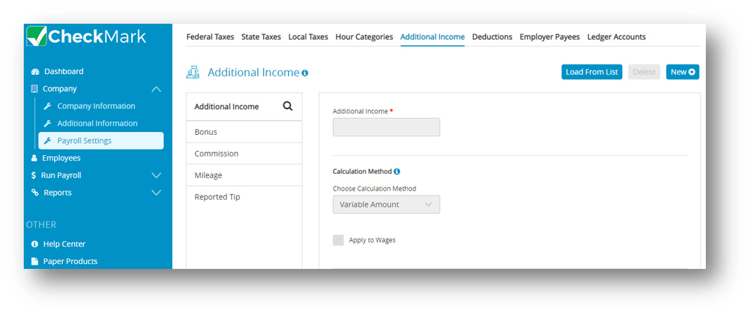 Setting up additional Income in CheckMark Online Payroll