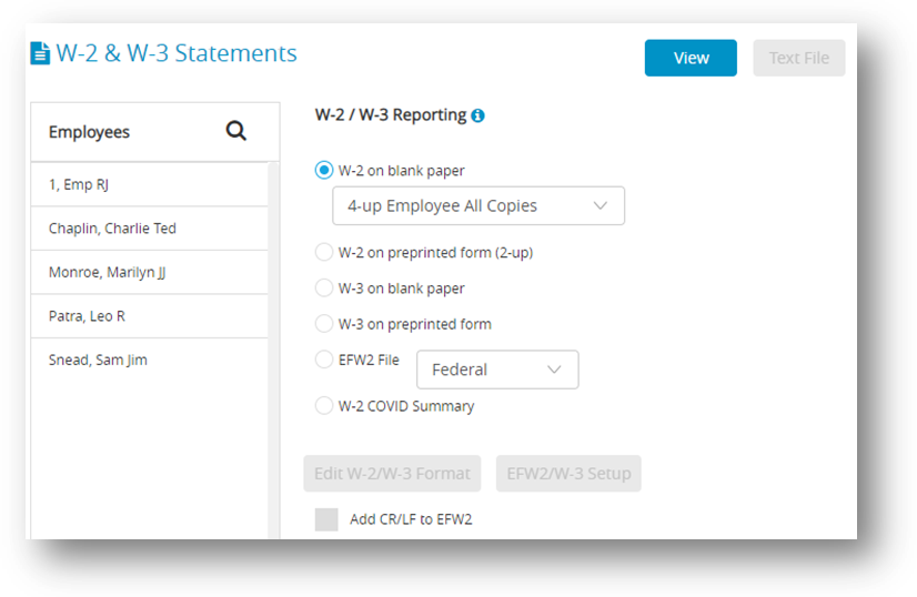 W-2 and W-3 Statements Window in CheckMark Online Payroll