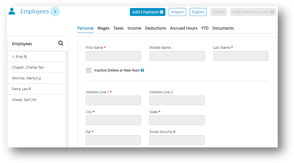 Employees window in CheckMark Online Payroll