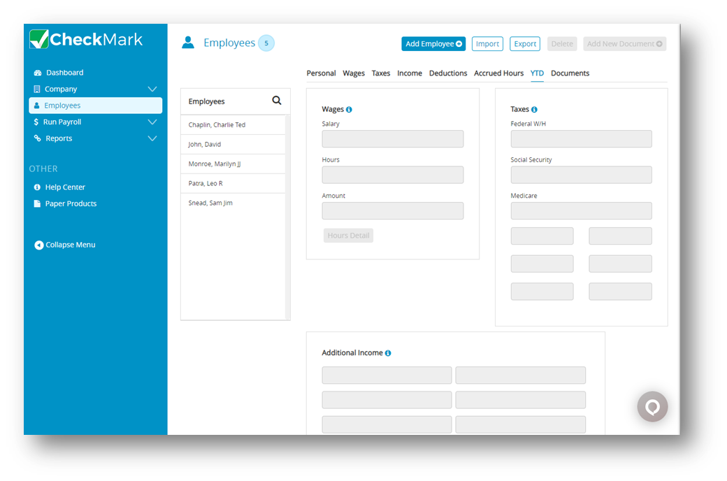 Employees YTD View Tab in CheckMark Online Payroll