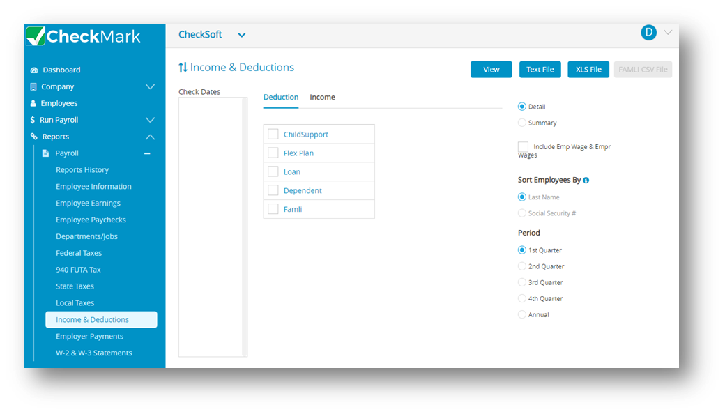 Income and Deductions report window in CheckMark Online Payroll